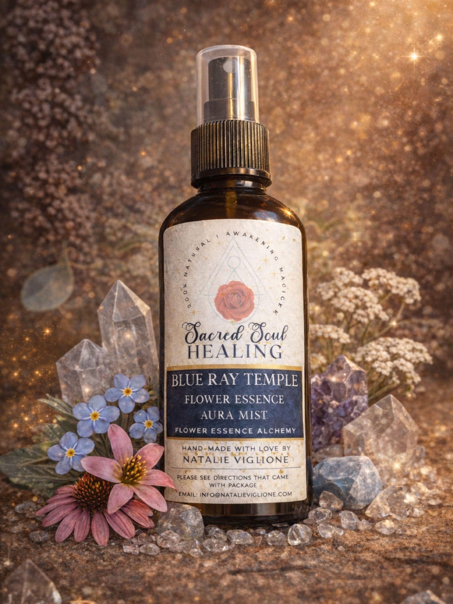Blue Ray Temple Botanical Aura Mist - Hand-Crafted Floral Aromatic Spray with Biodynamic Brandy - Glass Bottle - Made in Tennessee - Artisan Gift
