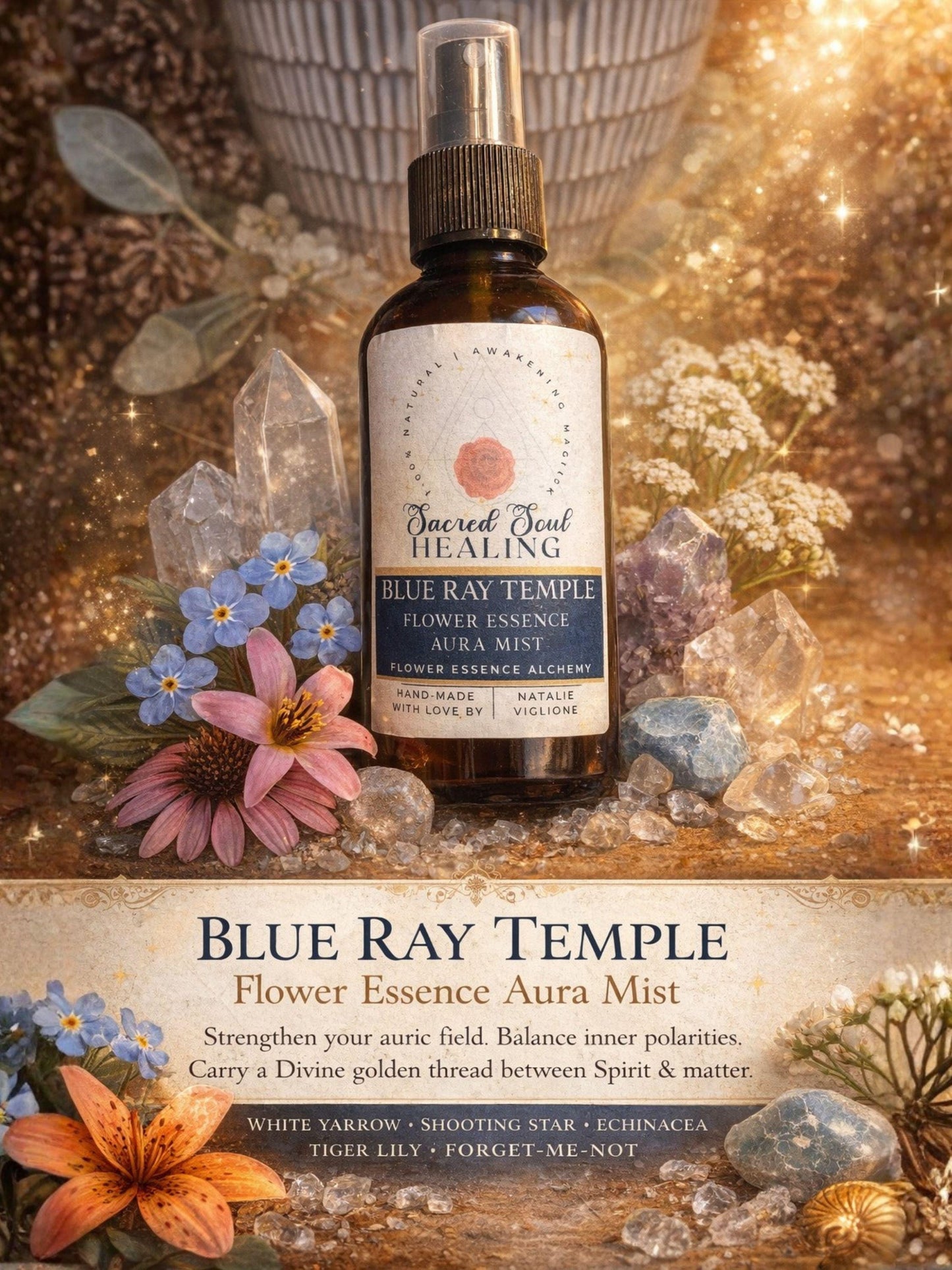 Blue Ray Temple Botanical Aura Mist - Hand-Crafted Floral Aromatic Spray with Biodynamic Brandy - Glass Bottle - Made in Tennessee - Artisan Gift