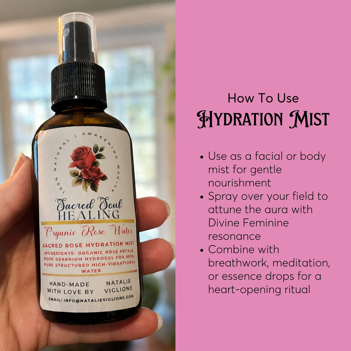 Sacred Rose Botanical Aura Mist - Hand-Crafted Rose Petal Aromatic Spray - Glass Bottle - Small-Batch Artisan Made in Tennessee - Gift
